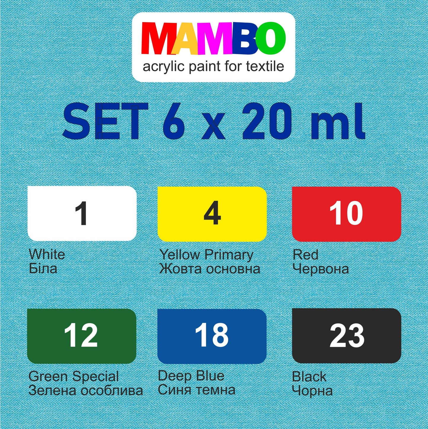 MAMBO Acrylic Fabric Paint for Clothes Permanent - Basic Colors 6x20 ml