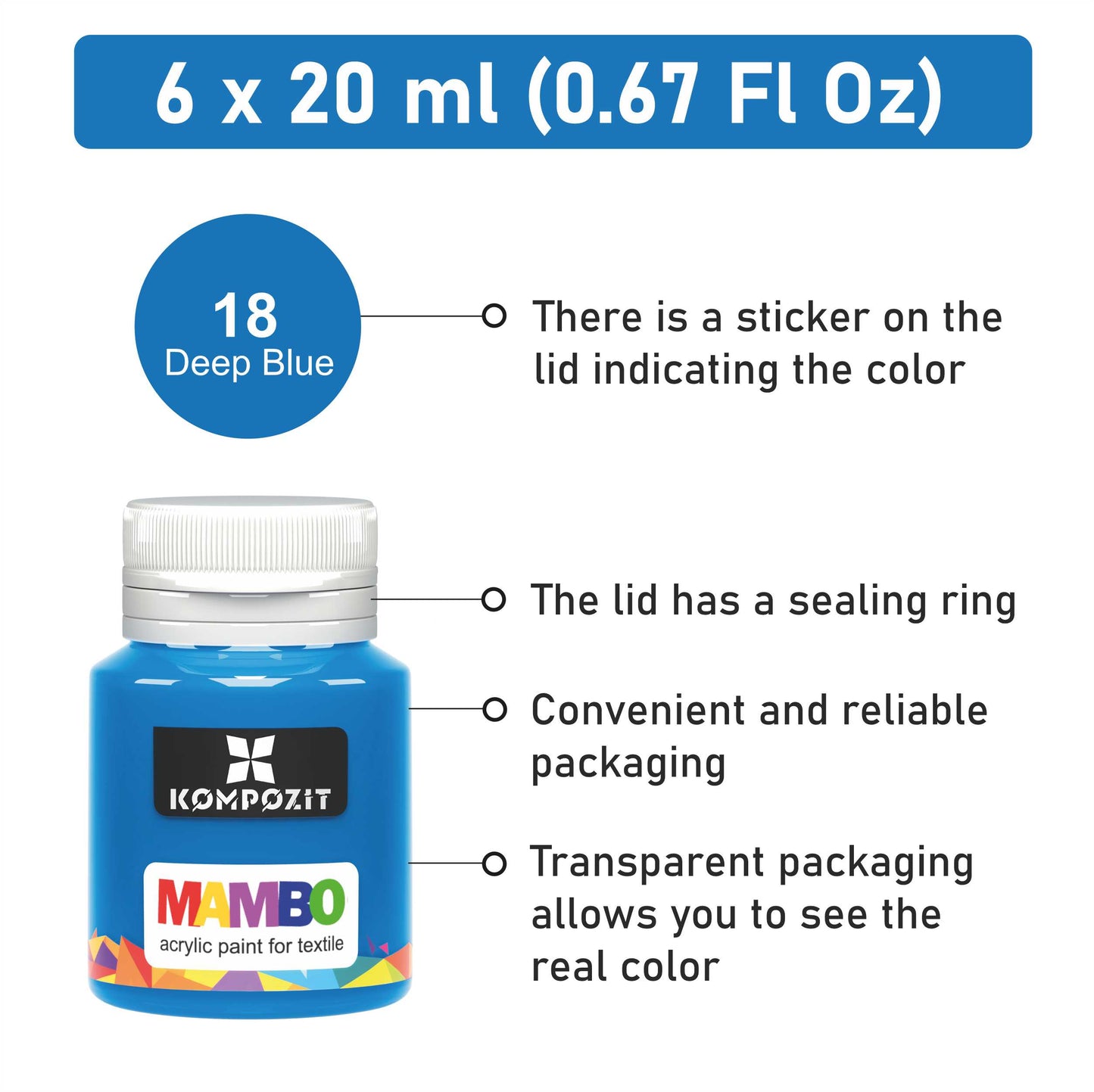MAMBO Acrylic Fabric Paint for Clothes Permanent - Basic Colors 6x20 ml