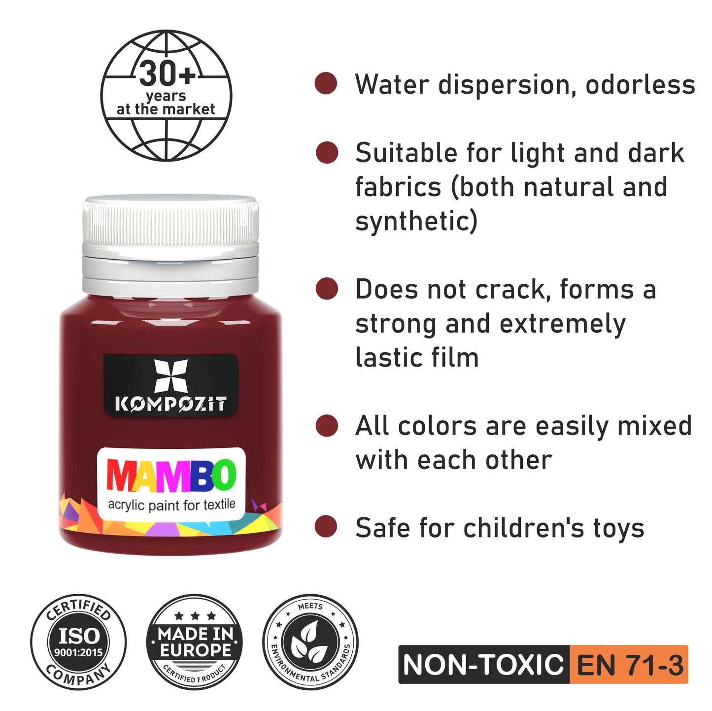 MAMBO Acrylic Fabric Paint for Clothes Permanent - Basic Colors 6x20 ml