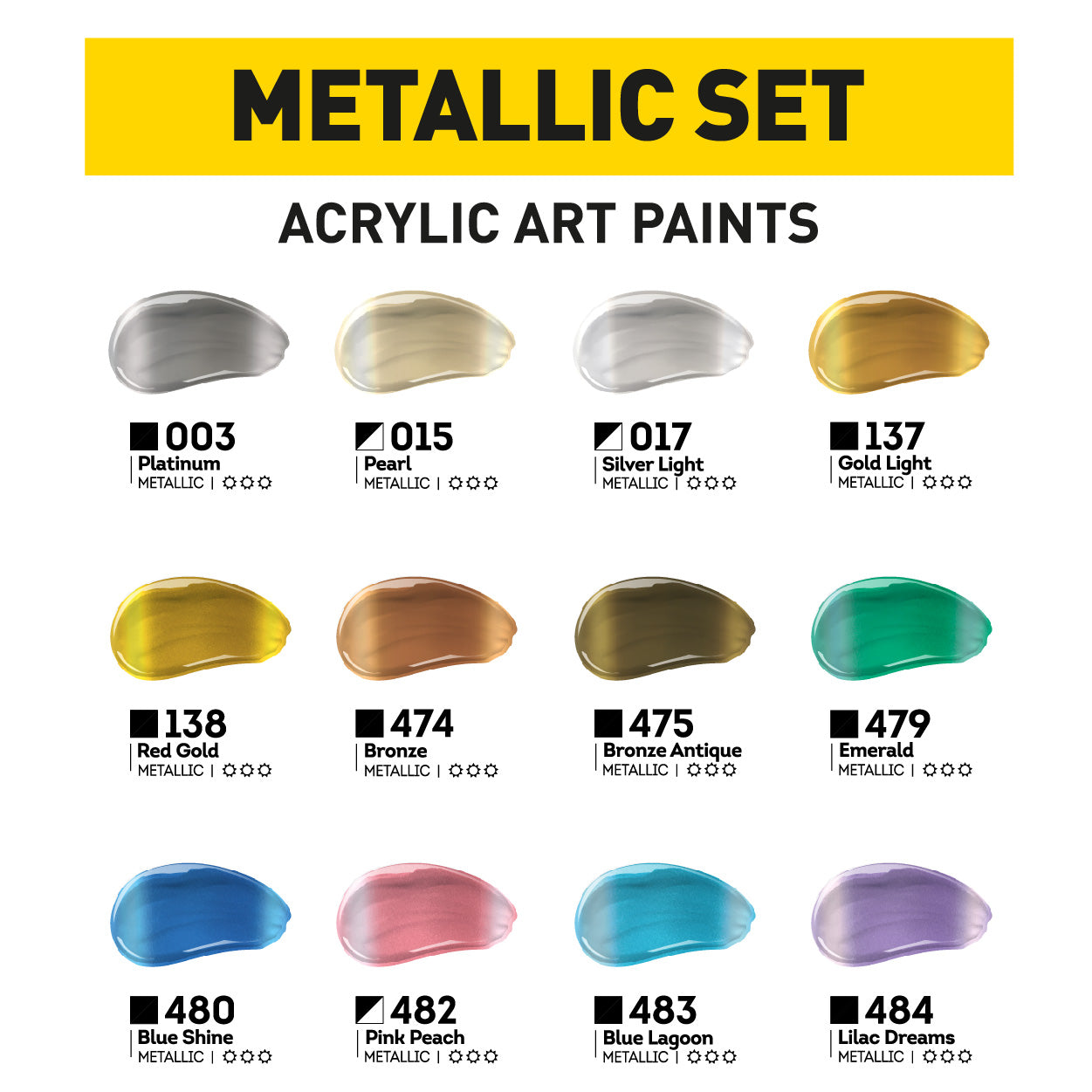 Professional Soft Body Acrylic Paint Set 12 x 75 ml (2.54 fl oz) TM KOMPOZIT (Metallic)