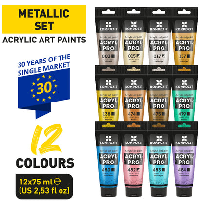 Professional Soft Body Acrylic Paint Set 12 x 75 ml (2.54 fl oz) TM KOMPOZIT (Metallic)