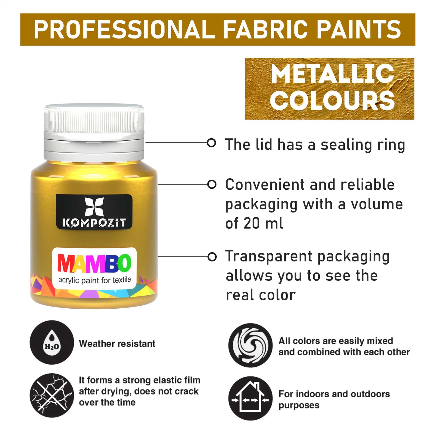 Metallic Acrylic Fabric Paint Set 9 x 20 ml (0.67 Fl Oz) For Clothes, Textile, Sneakers. Made in Europe