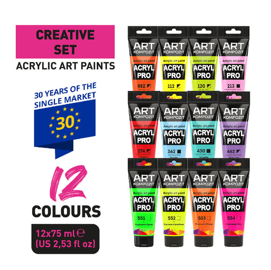 Artkompozit Acrylic Paint Set of 12x2.6 Fl Oz/75 Ml Acrylic Paints for  Artists, Kids Paint Kit, Paint by Number, Set of Acrylic Tube Paint 