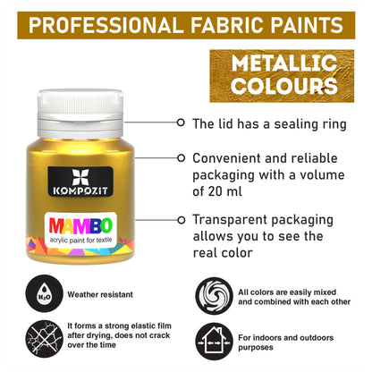 Metallic Acrylic Fabric Paint Set 6 x 20 ml (0.67 Fl Oz) For Clothes, Textile, Sneakers. Made in Europe