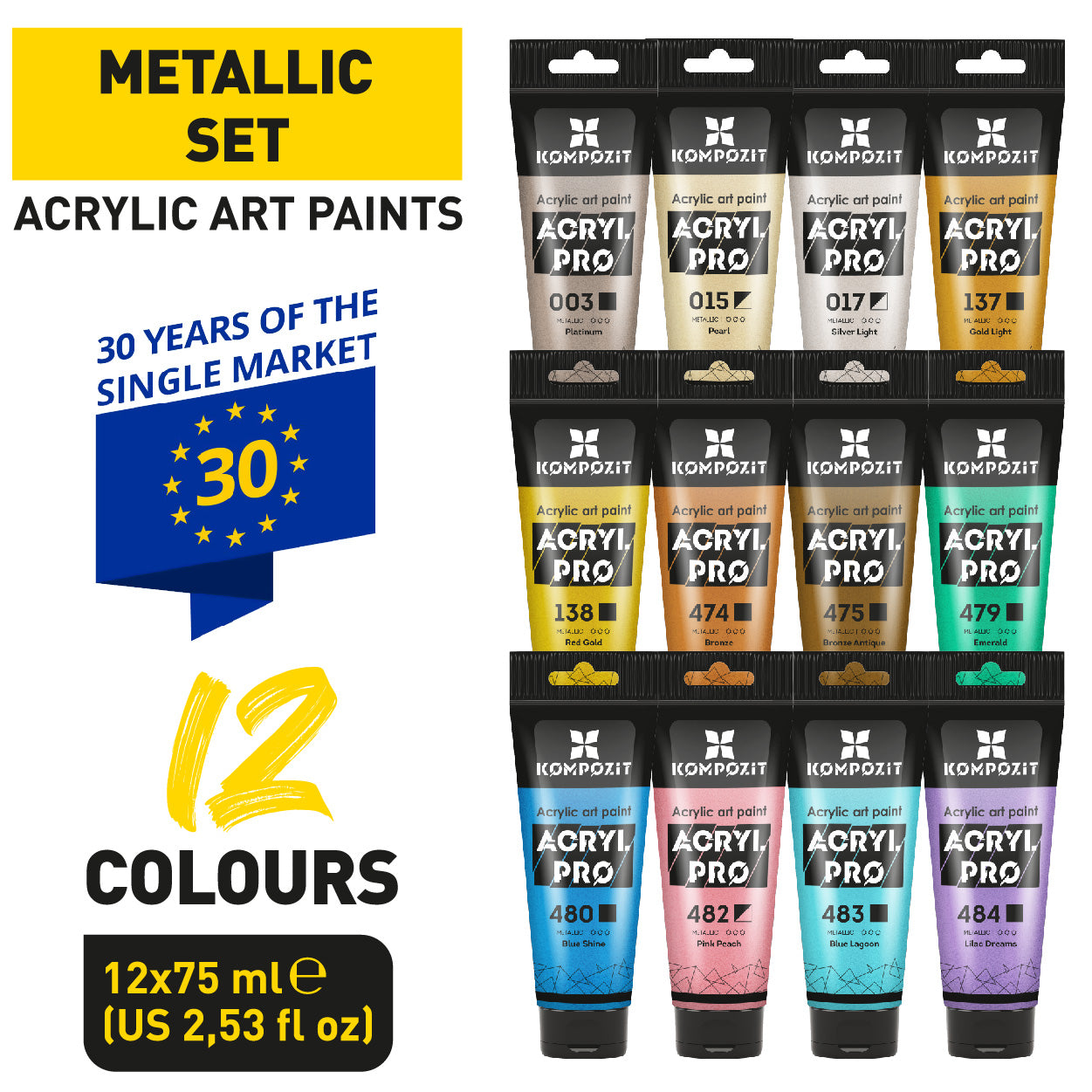 Metallic Soft Body Acrylic Paint Set 12 x 75 ml