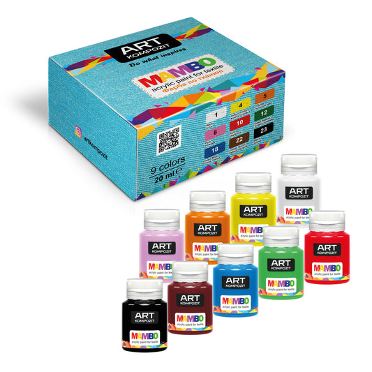 Acrylic Fabric Paint Set 9 x 20 ml (0.67 Fl Oz) For Clothes, Textile, Sneakers. Made in Europe