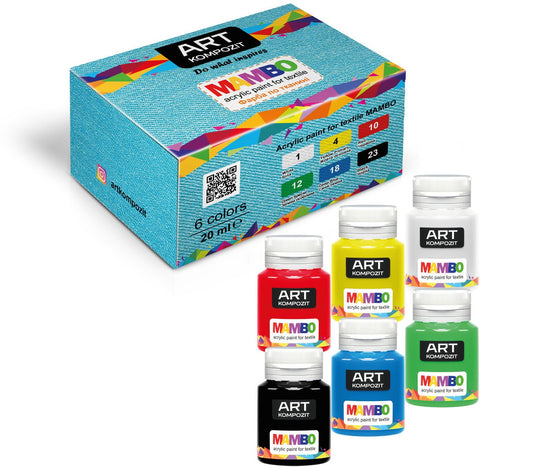 Acrylic Fabric Paint Set 6 x 20 ml (0.67 Fl Oz) For Clothes, Textile, Sneakers. Made in Europe